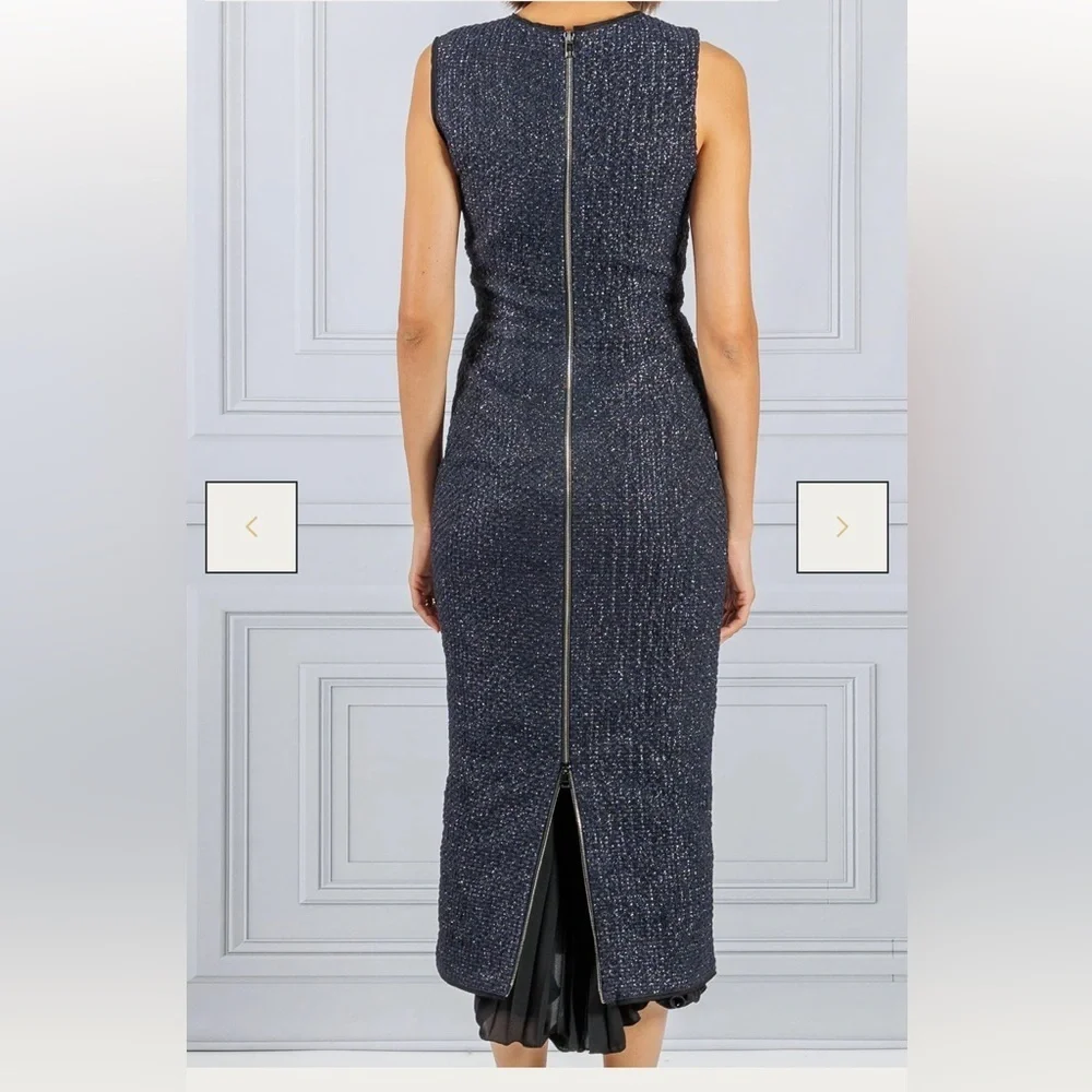 Mantu Italy Midi Dress Size IT 40 US 4 Navy Blue Tweed Metallic Sheath